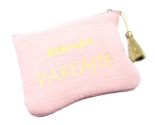 Trousse-Pochette-Coton-Rose-Message-Maman-Parfaite-Pompon-Dore