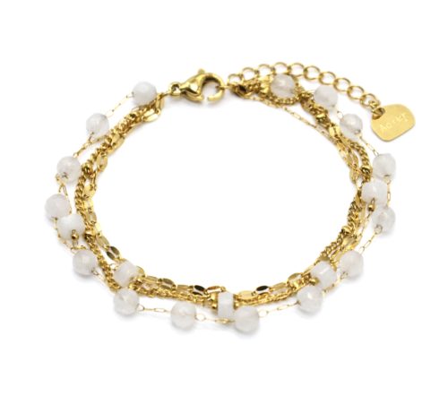 Bracelet-Multi-Chaines-Billes-Maillons-Acier-Dore-et-Pierres-Blanches