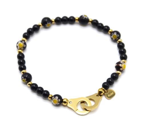 Bracelet-Elastique-avec-Perles-Noires-Motif-Fleur-et-Menottes-Acier-Dore