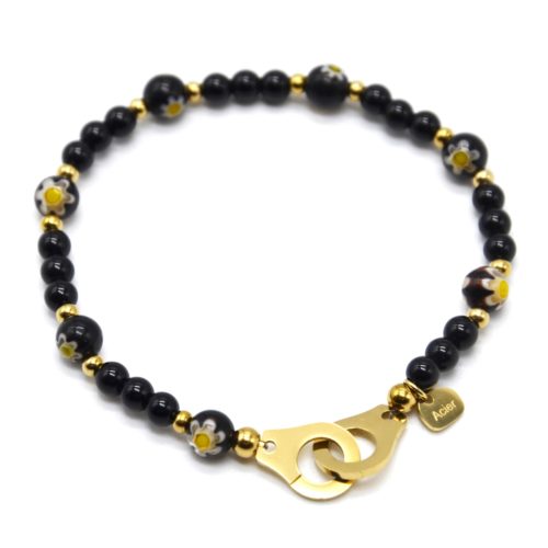 Bracelet-Elastique-avec-Perles-Noires-Motif-Fleur-et-Menottes-Acier-Dore
