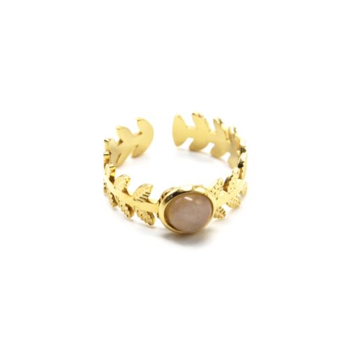 Bague-Anneau-Couronne-Epi-de-Ble-Acier-Dore-et-Pierre-Rose-Pale