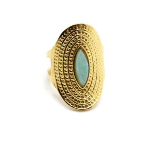 Bague-Manchette-Ovale-avec-Pierre-Verte-Contour-Motif-Points-Acier-Dore