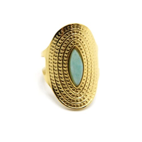 Bague-Manchette-Ovale-avec-Pierre-Verte-Contour-Motif-Points-Acier-Dore