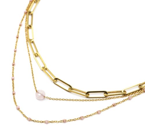 Collier-Triple-Chaines-Maillons-Acier-Dore-Mini-Perles-Email-et-Pierre-Rose-Pale