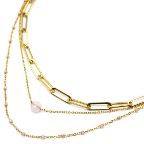 Collier-Triple-Chaines-Maillons-Acier-Dore-Mini-Perles-Email-et-Pierre-Rose-Pale