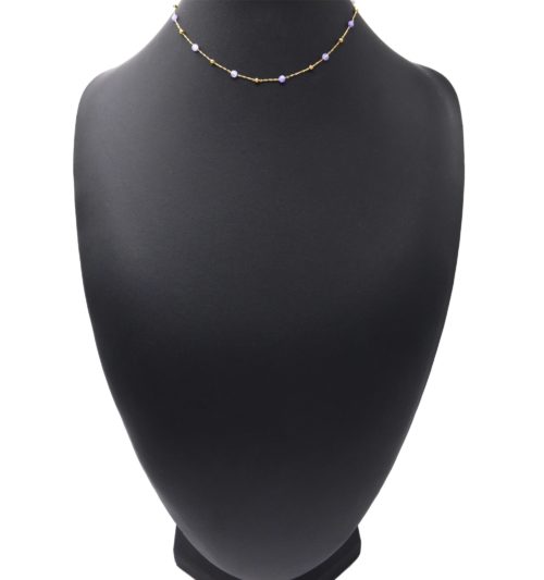 Collier-Fine-Chaine-Billes-Acier-Dore-et-Pierres-Violettes