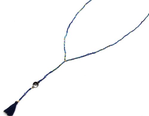 Sautoir-Collier-Fine-Rangee-Perles-de-Rocaille-avec-Pompon-Ethnique-Bleu