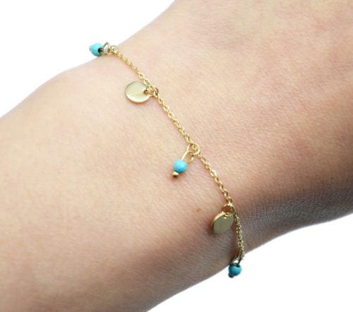 Bracelet-Fine-Chaine-avec-Pampilles-Rondes-Acier-Dore-et-Pierres-Turquoises