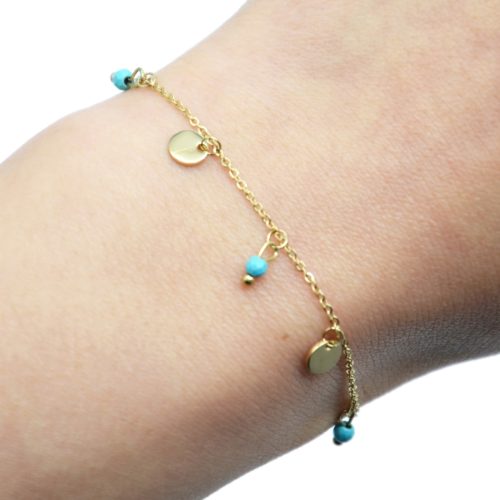 Bracelet-Fine-Chaine-avec-Pampilles-Rondes-Acier-Dore-et-Pierres-Turquoises