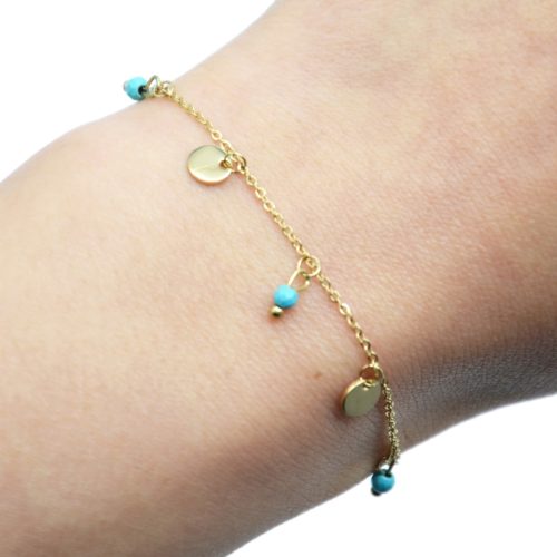 Bracelet-Fine-Chaine-avec-Pampilles-Rondes-Acier-Dore-et-Pierres-Turquoises