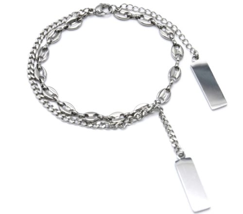 Bracelet-Double-Chaines-Maillons-et-Grains-Cafe-Acier-Argente-avec-Charms-Rectangles