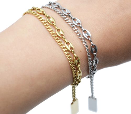 Bracelet-Double-Chaines-Maillons-et-Grains-Cafe-Acier-avec-Charms-Rectangles