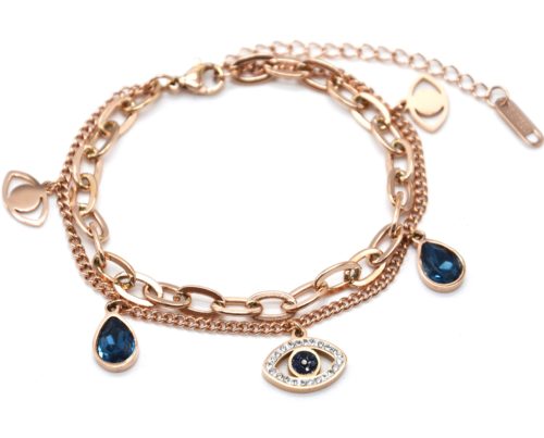 Bracelet-Chaines-Maillons-avec-Oeil-Acier-Or-Rose-Strass-et-Pierres-Gouttes-Bleues