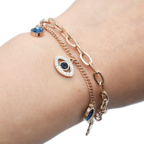 Bracelet-Chaines-Maillons-avec-Oeil-Acier-Or-Rose-Strass-et-Pierres-Gouttes-Bleues