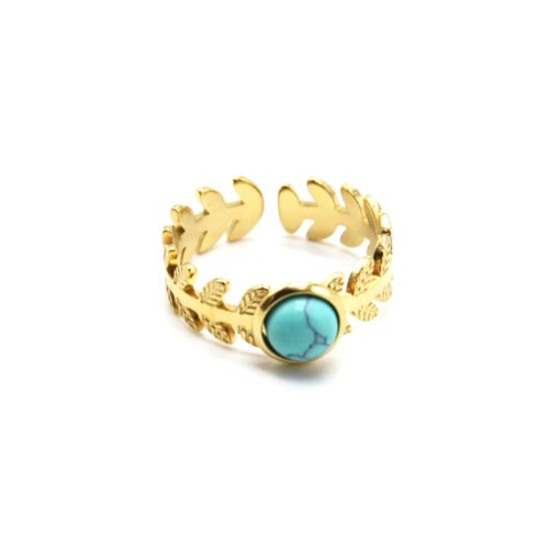 Bague-Anneau-Couronne-Epi-de-Ble-Acier-Dore-et-Pierre-Turquoise