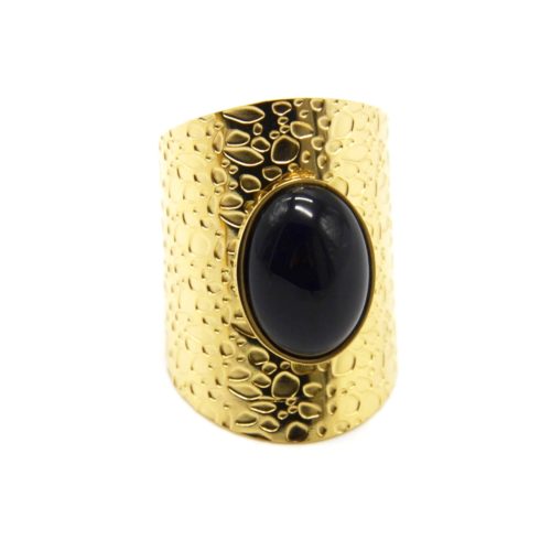 Bague-Manchette-Motif-Ecailles-Acier-Dore-avec-Pierre-Ovale-Noire