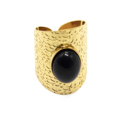 Bague-Manchette-Motif-Ecailles-Acier-Dore-avec-Pierre-Ovale-Noire