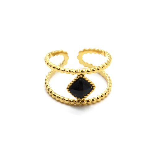 Bague-Double-Anneaux-Billes-Acier-Dore-et-Pierre-Losange-Noire