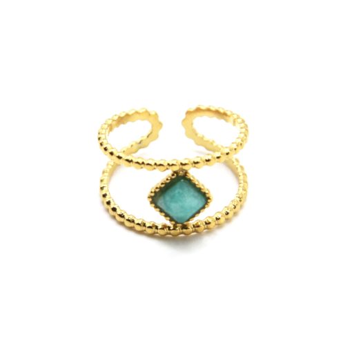 Bague-Double-Anneaux-Billes-Acier-Dore-et-Pierre-Losange-Verte