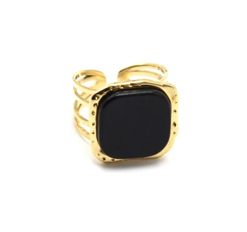 Bague-Large-Multi-Rangs-Acier-Dore-avec-Pierre-Carree-Noire