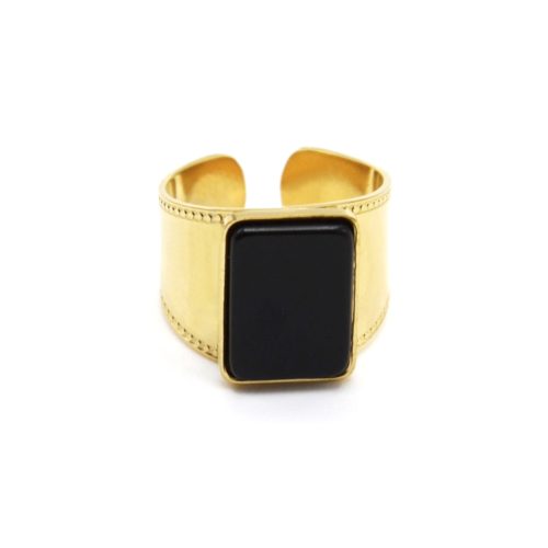 Bague-Manchette-Acier-Dore-avec-Pierre-Rectangle-Noire