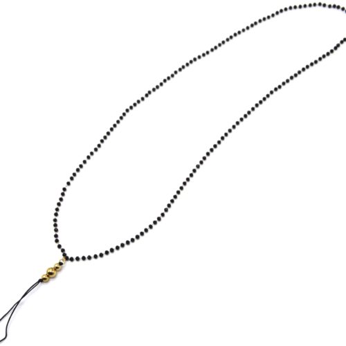 Grand-Cordon-Portable-Chaine-Mini-Perles-Noires-et-Billes-Acier-Dore