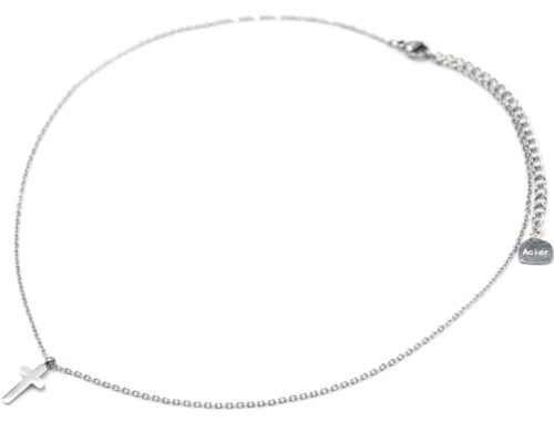 Collier-Fine-Chaine-Pendentif-Croix-Acier-Argente