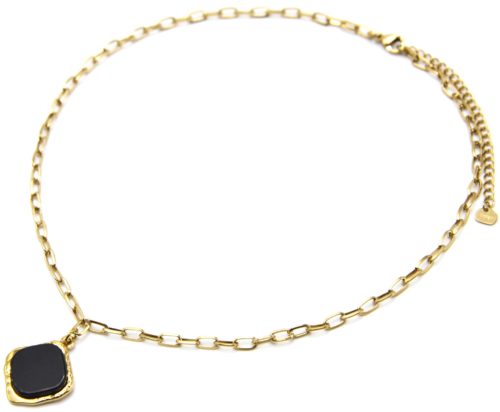 Collier-Chaine-Maillons-avec-Pierre-Carree-Noire-Contour-Acier-Dore