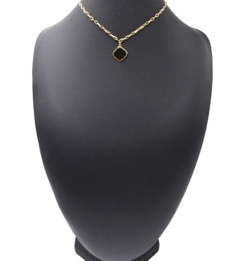 Collier-Chaine-Maillons-avec-Pierre-Carree-Noire-Contour-Acier-Dore