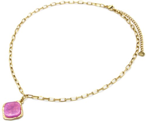 Collier-Chaine-Maillons-avec-Pierre-Carree-Mauve-Contour-Acier-Dore