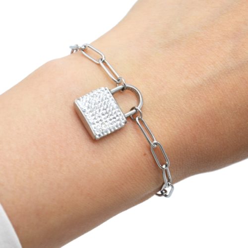 Bracelet-Chaine-Maillons-avec-Cadenas-Strass-et-Acier-Argente