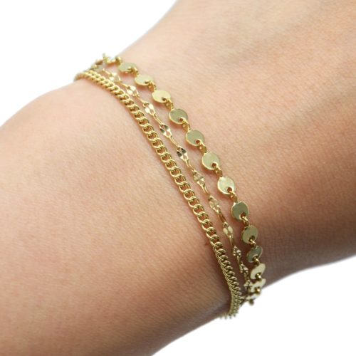 Bracelet-Triple-Chaines-avec-Mini-Cercles-et-Maillons-Acier-Dore