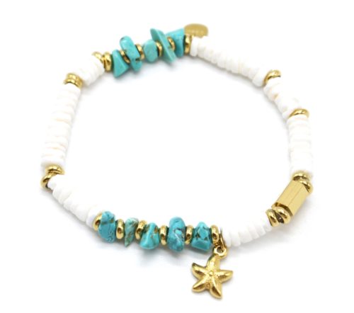 Bracelet-Perles-Blanches-Coquillage-Pierres-Turquoises-et-Etoile-de-Mer-Acier-Dore