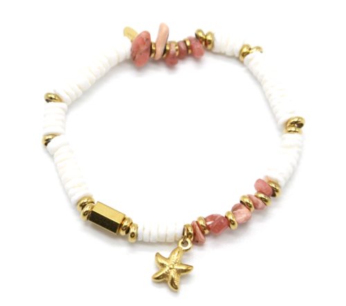 Bracelet-Perles-Blanches-Coquillage-Pierres-Roses-et-Etoile-de-Mer-Acier-Dore