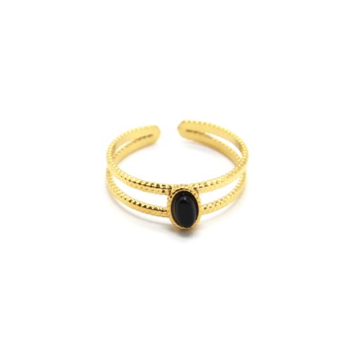 Bague-Double-Anneaux-avec-Pierre-Ovale-Noire-Contour-Acier-Dore