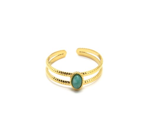 Bague-Double-Anneaux-avec-Pierre-Ovale-Verte-Contour-Acier-Dore