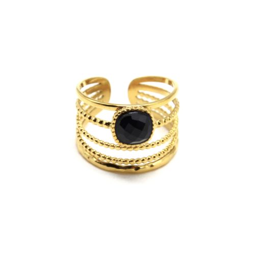 Bague-Large-Multi-Rangs-Billes-avec-Pierre-Carree-Noire-Contour-Acier-Dore