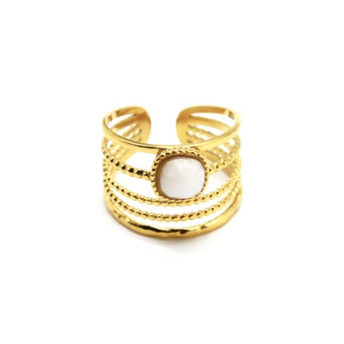 Bague-Large-Multi-Rangs-Billes-avec-Pierre-Carree-Blanche-Contour-Acier-Dore