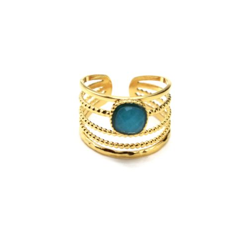 Bague-Large-Multi-Rangs-Billes-avec-Pierre-Carree-Bleue-Contour-Acier-Dore