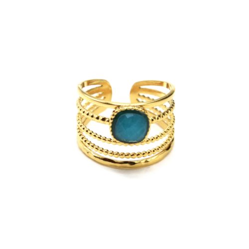 Bague-Large-Multi-Rangs-Billes-avec-Pierre-Carree-Bleue-Contour-Acier-Dore