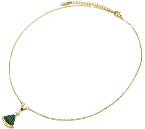 Collier-Chaine-Pendentif-Pierre-Verte-Bord-Strass-et-Contour-Acier-Dore
