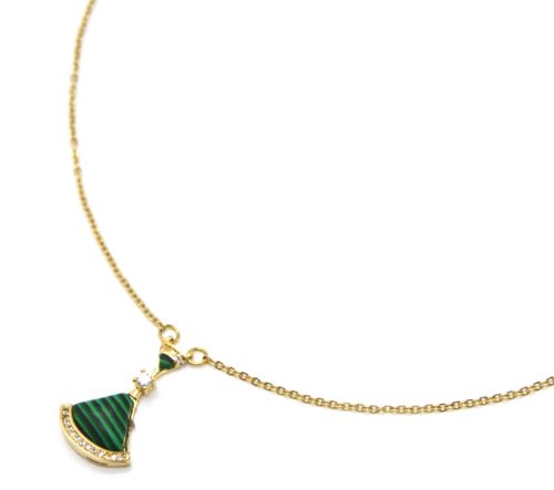 Collier-Chaine-Pendentif-Pierre-Verte-Bord-Strass-et-Contour-Acier-Dore