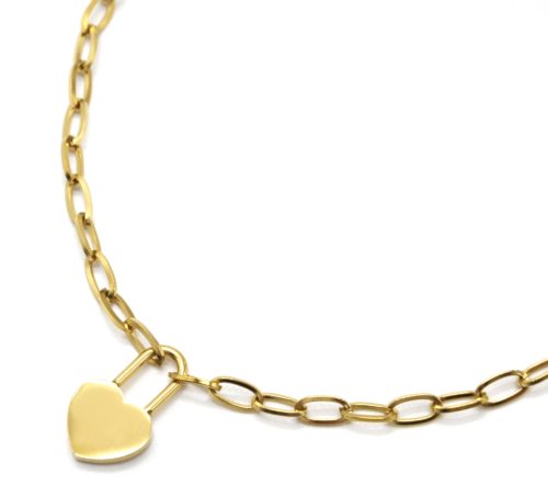 Collier-Chaine-Maillons-Pendentif-Cadenas-Coeur-Acier-Dore