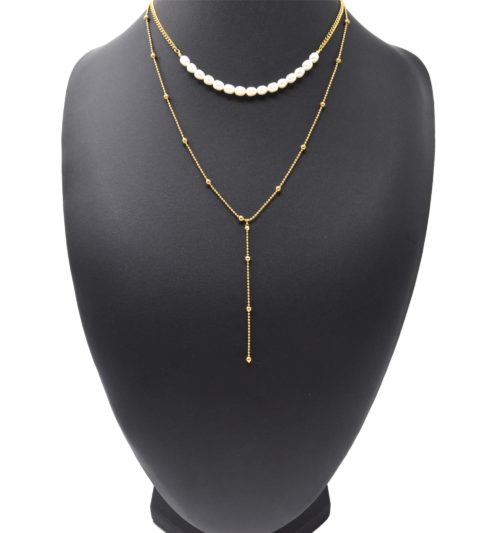 Collier-Double-Chaines-avec-Perles-dEau-Douce-et-Billes-Acier-Dore