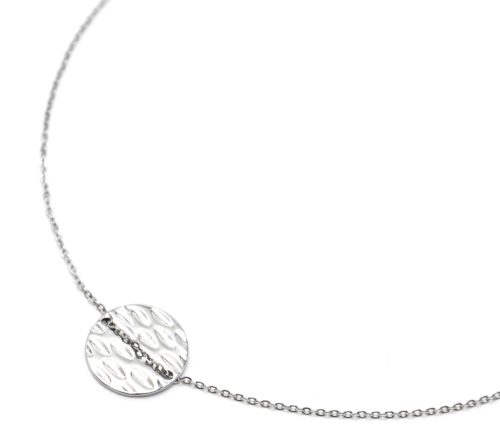 Collier-Fine-Chaine-Pendentif-Medaille-Ronde-Martelee-Acier-Argente