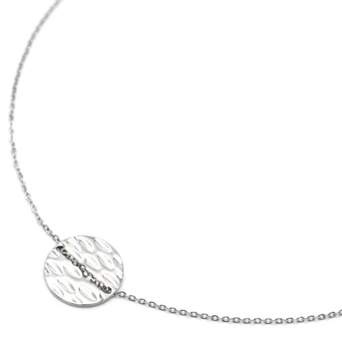 Collier-Fine-Chaine-Pendentif-Medaille-Ronde-Martelee-Acier-Argente