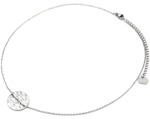 Collier-Fine-Chaine-Pendentif-Medaille-Ronde-Martelee-Acier-Argente