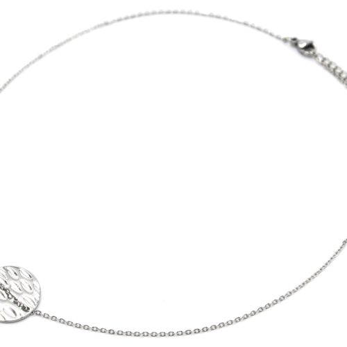 Collier-Fine-Chaine-Pendentif-Medaille-Ronde-Martelee-Acier-Argente