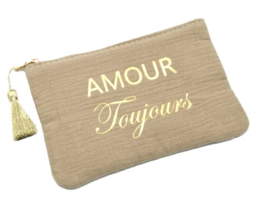 Trousse-Pochette-Coton-Taupe-Message-Amour-Toujours-Pompon-Dore