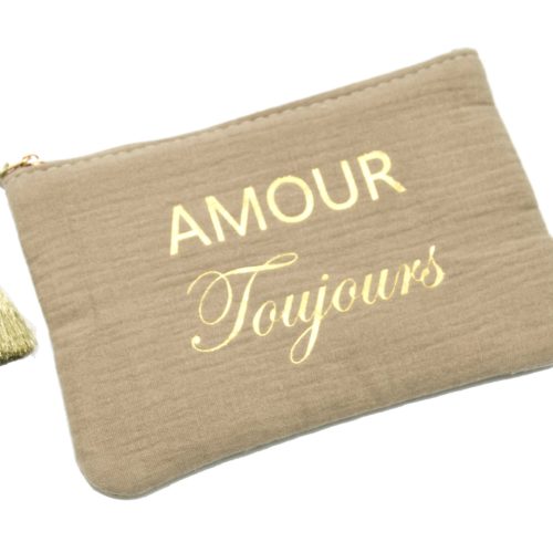 Trousse-Pochette-Coton-Taupe-Message-Amour-Toujours-Pompon-Dore